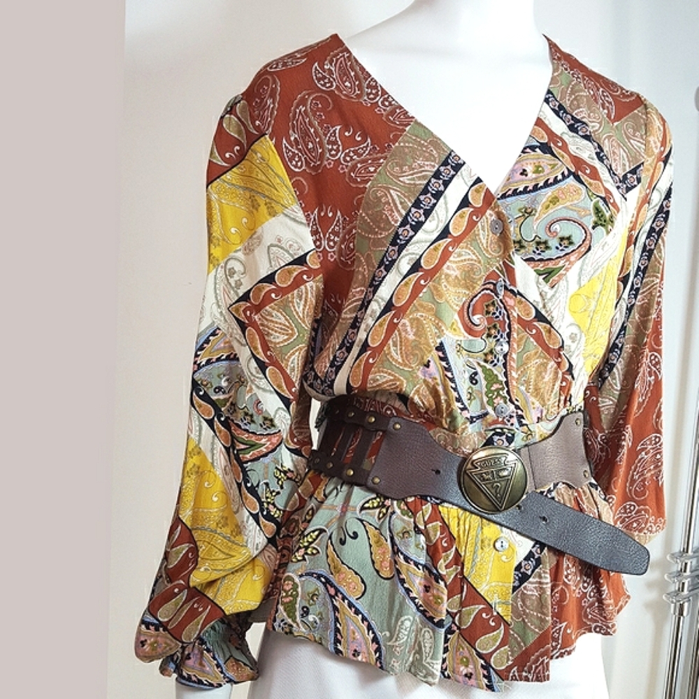 DEX🍂Bohemian Multicolor Paisley V-Neck Peplum Blouse/ Top